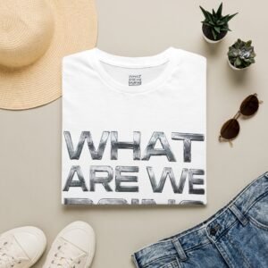 WHAT ARE WE DOING HERE Shirt | Graphic Tee with Bold Metallic Text