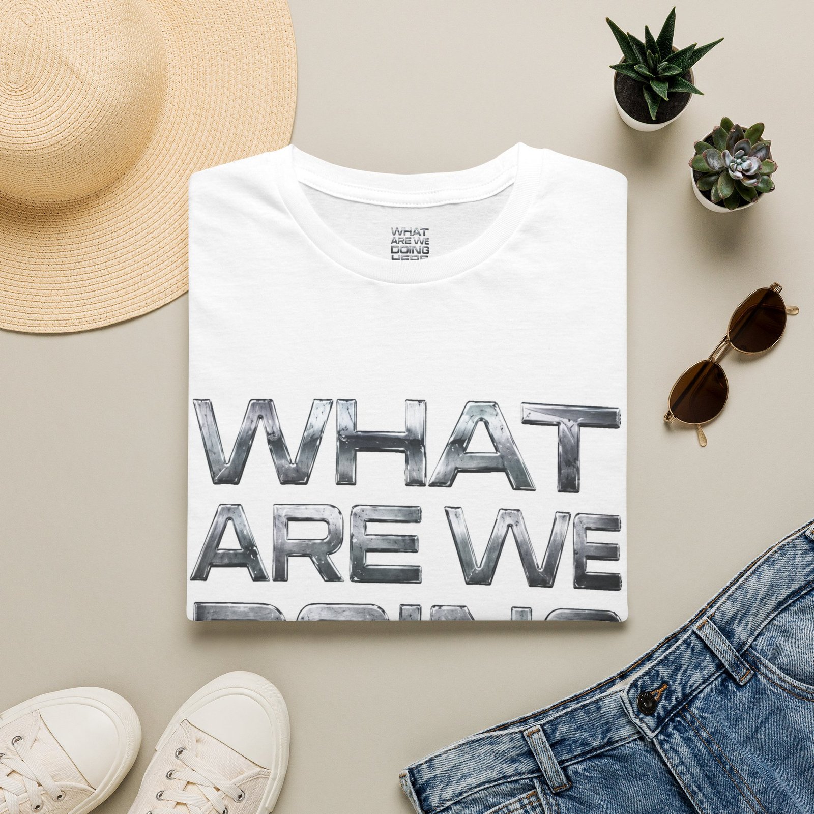 WHAT ARE WE DOING HERE Shirt | Graphic Tee with Bold Metallic Text