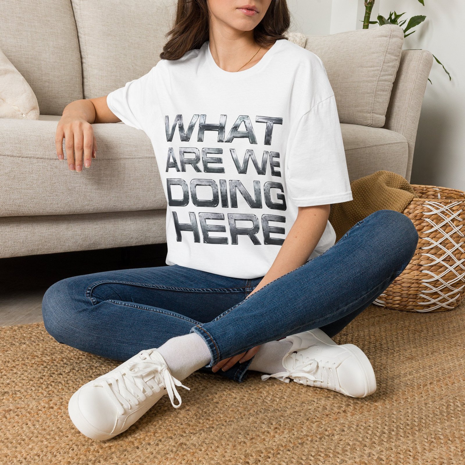 WHAT ARE WE DOING HERE Shirt | Graphic Tee with Bold Metallic Text - Image 2