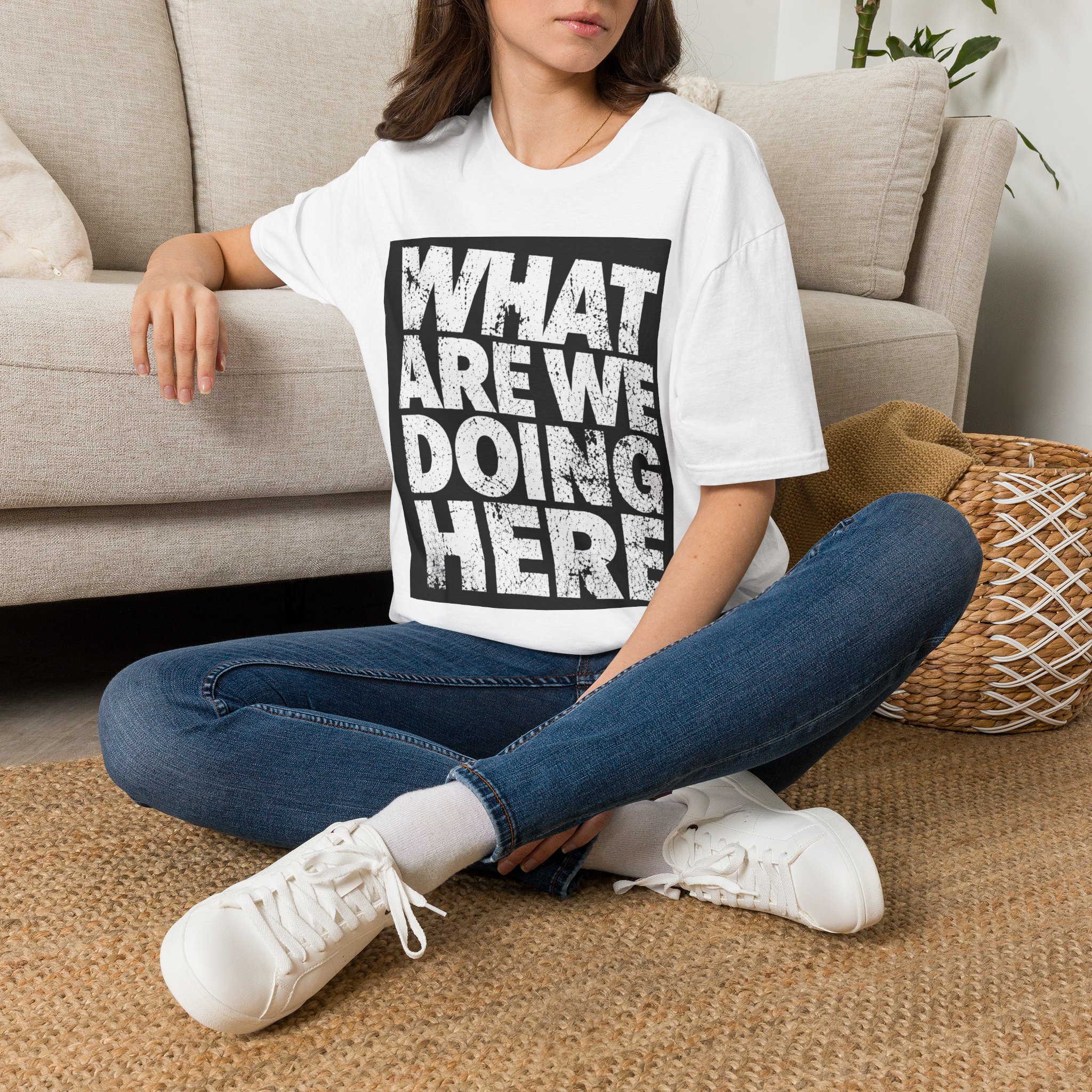 WHAT ARE WE DOING HERE graphic T-Shirt | Bold Text Box Tee - Image 2