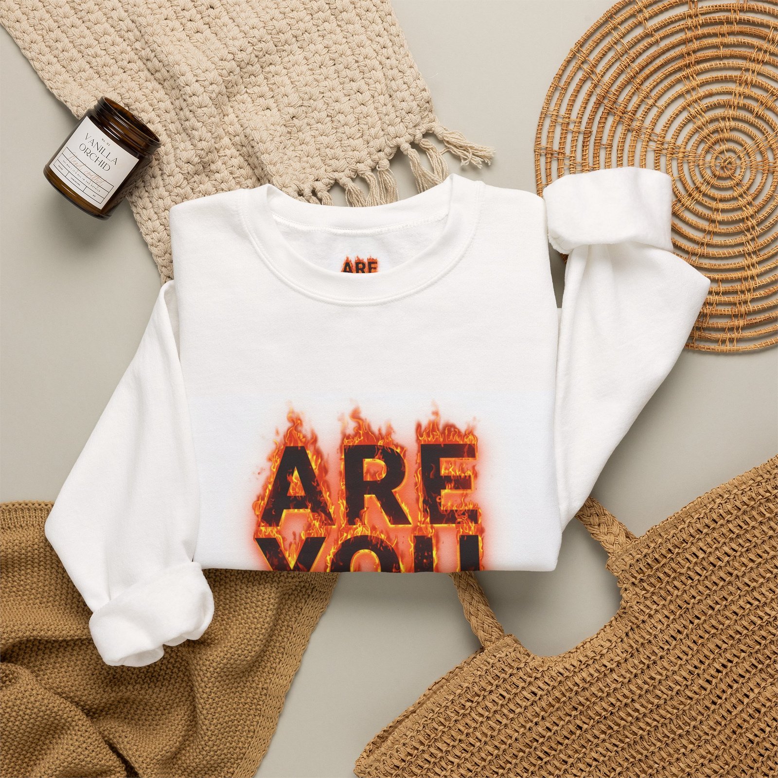 ARE YOU OK? flaming text Crewneck Sweatshirt | distressed fire typography - Image 4