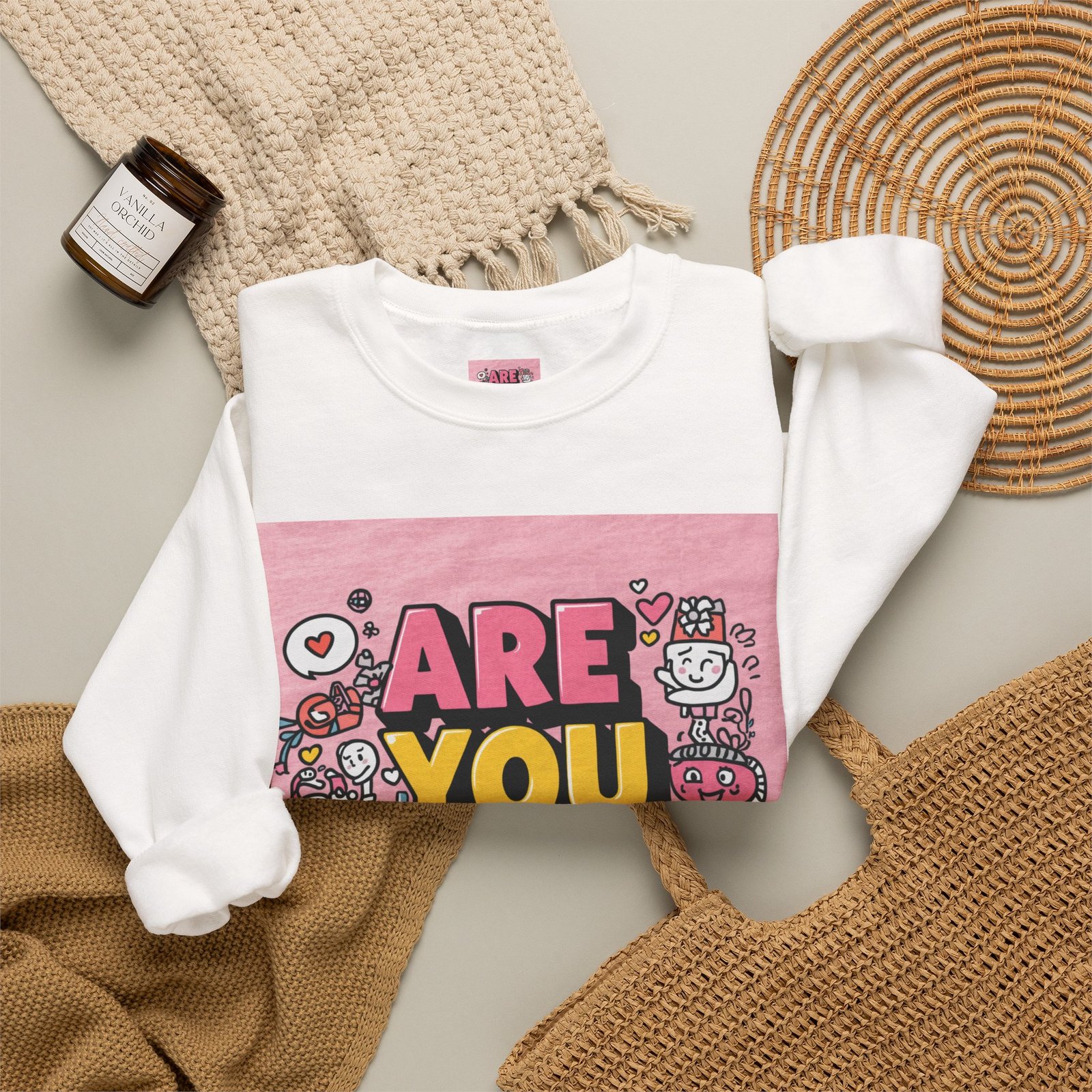 Are You Okay? Crewneck Sweatshirt | Retro Cute Graphic, Pink Square Design - Image 4