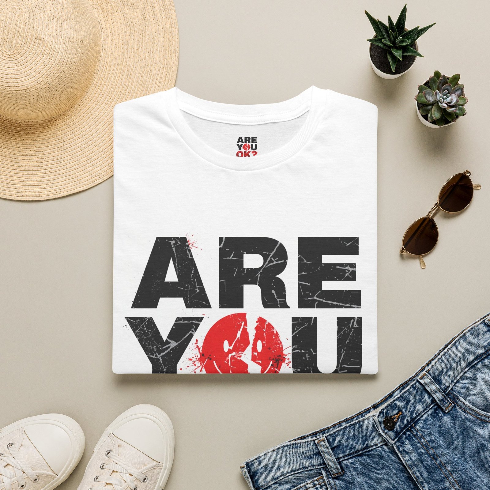 Are You OK? distressed text T-Shirt | bold typography, red accent