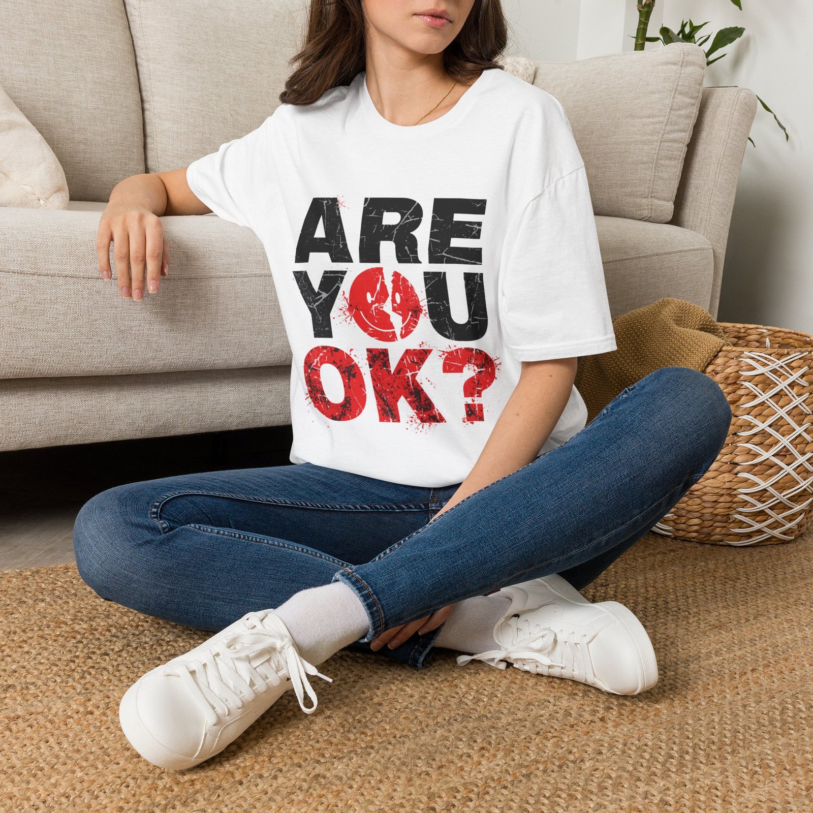 Are You OK? distressed text T-Shirt | bold typography, red accent - Image 2