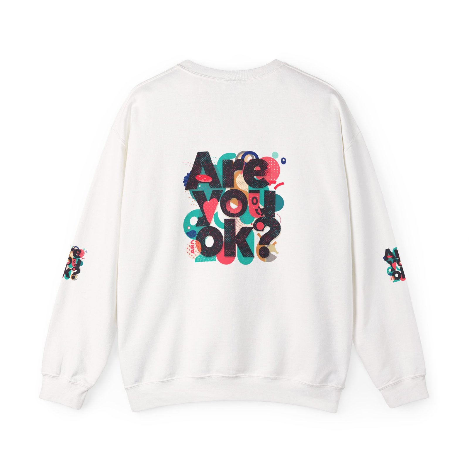 Are You OK? crewneck sweatshirt | typography graphic, retro colors, sleeve print - Image 2
