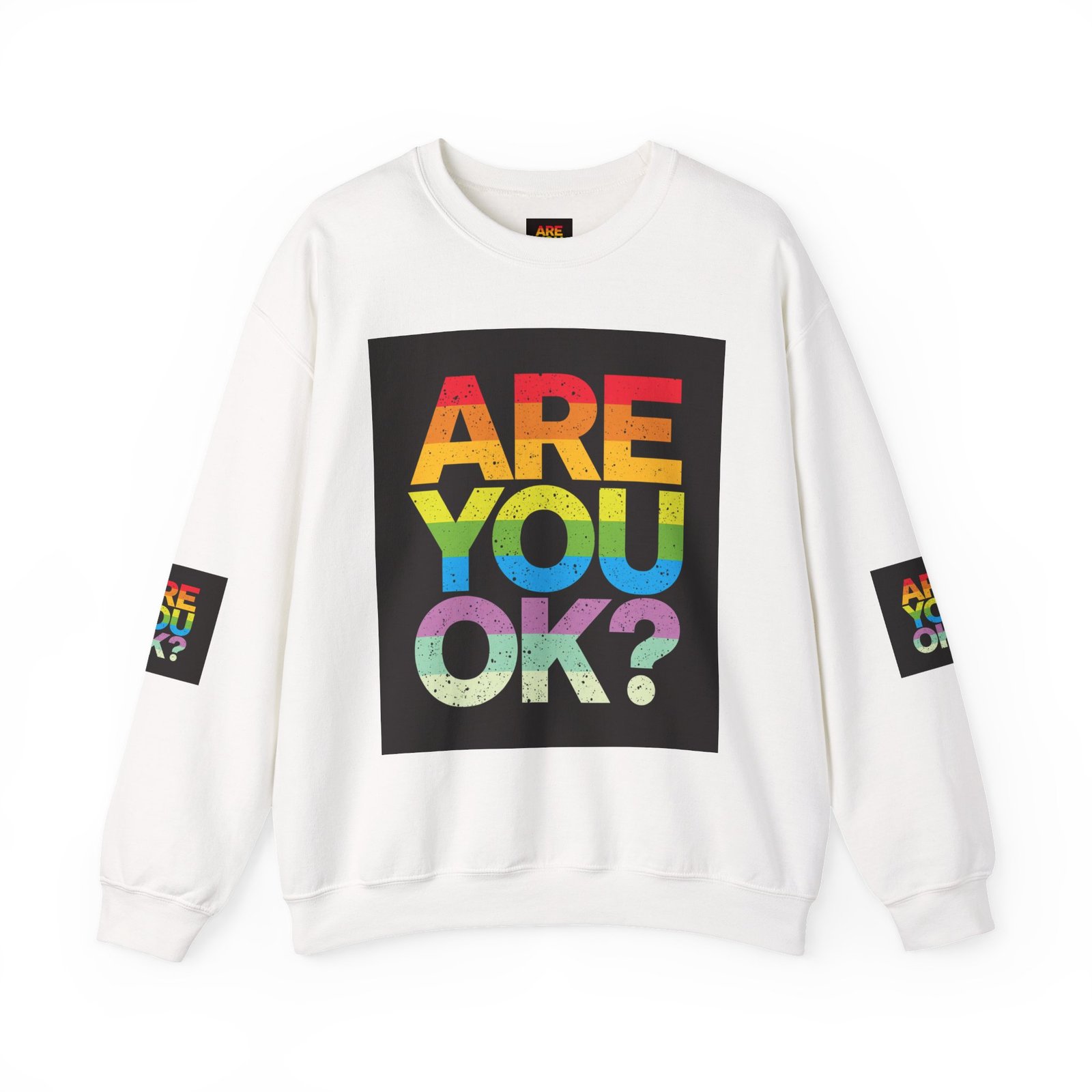 ARE YOU OK? rainbow text Crewneck Sweatshirt | mental health awareness, retro block letters