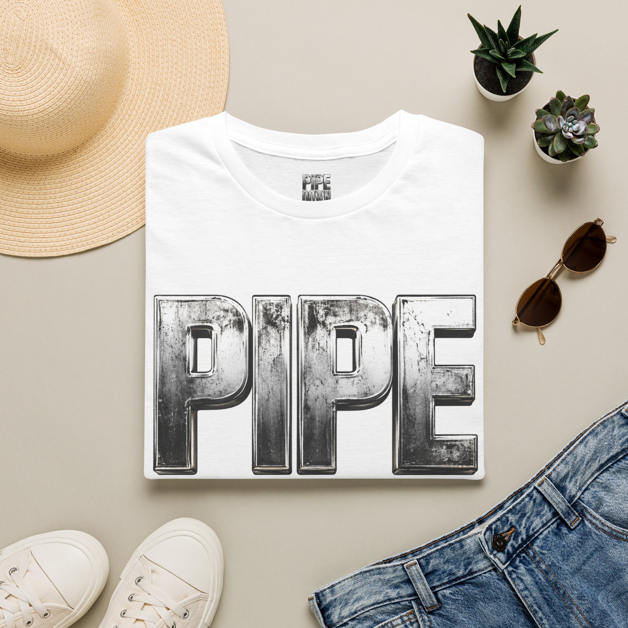 Pipe Down T-Shirt | Metallic Lettering, Graphic Statement Tee