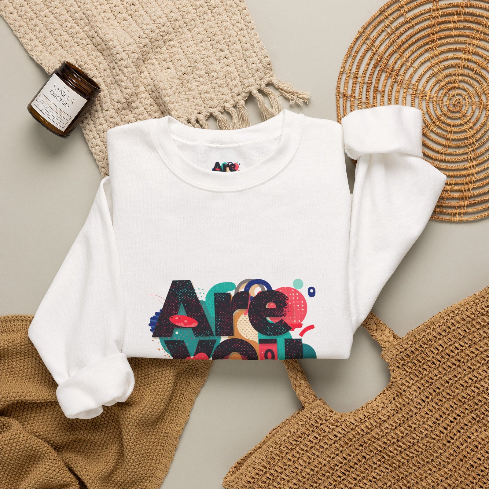 Are You OK? crewneck sweatshirt | typography graphic, retro colors, sleeve print - Image 4